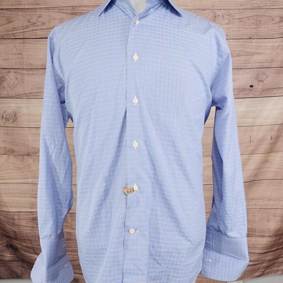 David Donahue Shirt Mens 16 32/33 Blue Check Dress Button Front French Cuff - Picture 3 of 9